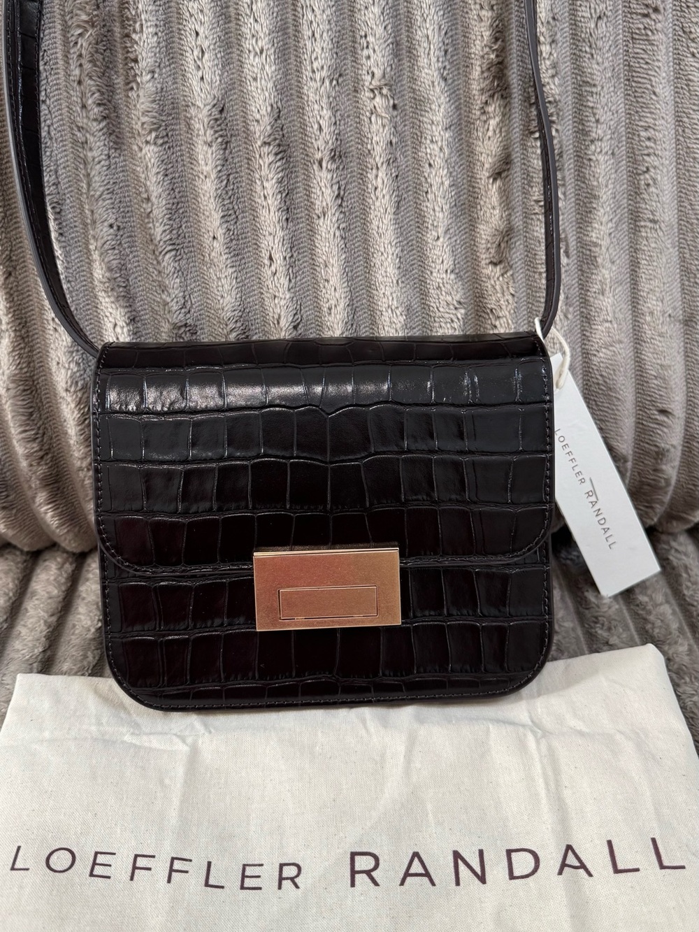 Loeffler Randall Black Croc-Embossed Crossbody Bag with Gold Hardware